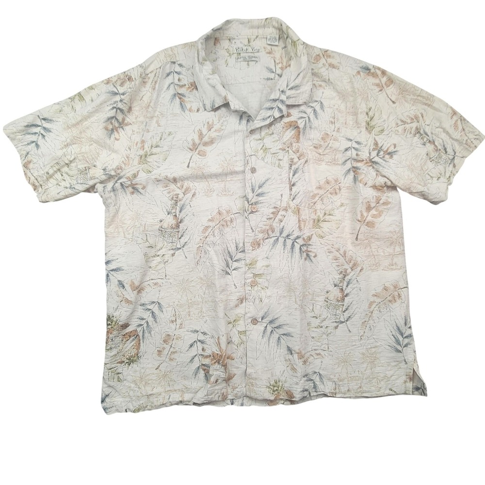 Hawaiian Shirt Mens XXL 100‎ Silk Cream Palm Leaf Sketch Print Batik Bay